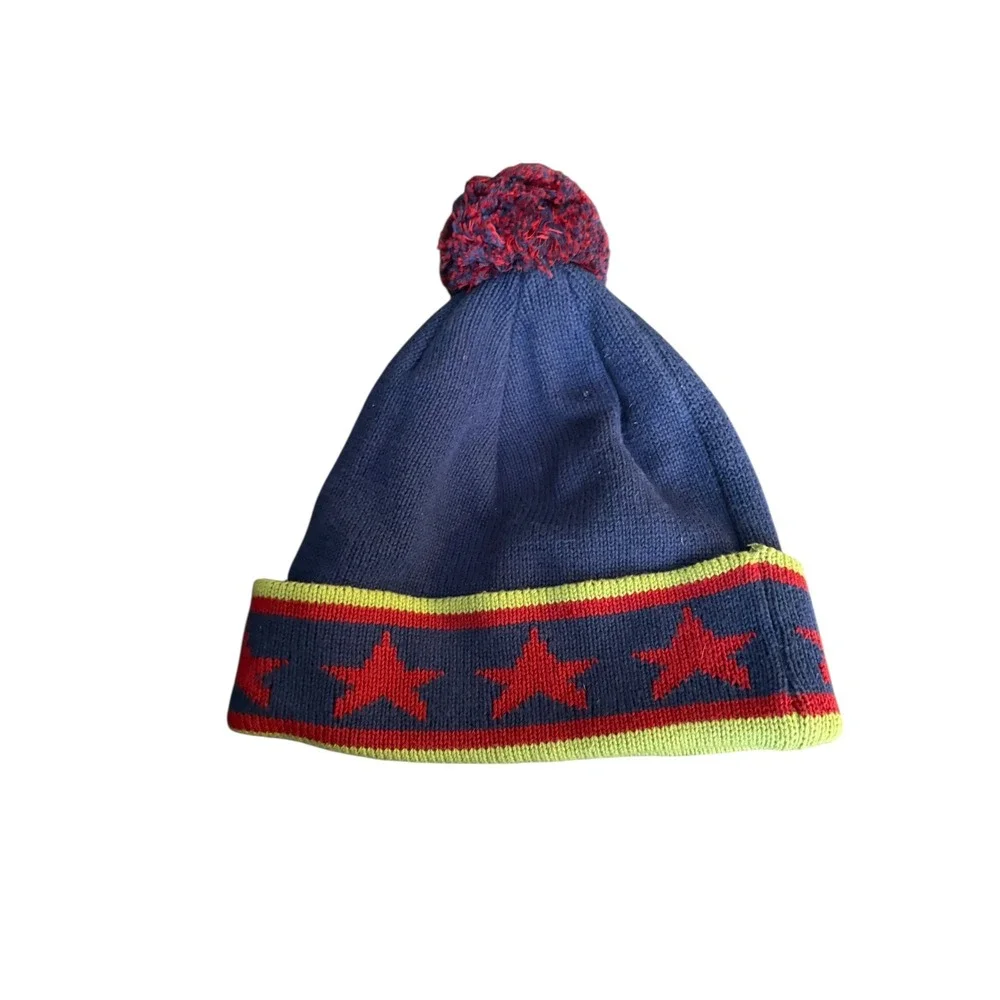 Company Kids Star Knit Beanie‎ OS – Blue Red Pom Pom Winter Hat